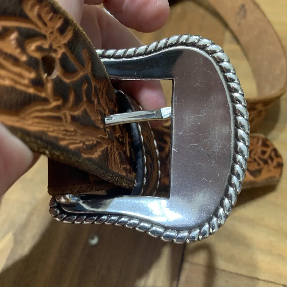 Western Hand Tooled Leather Belt Deer Antler Mountain Theme Buckle 41-48